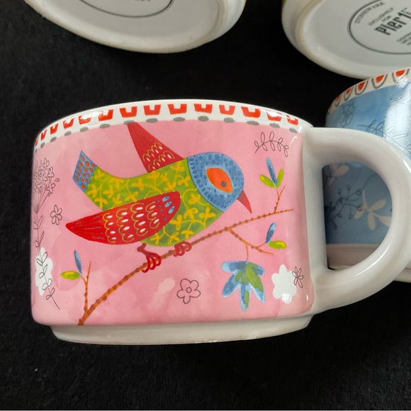 Pier 1 Dining Pier Stackable Birdfloral Stoneware Mugs Wchrome